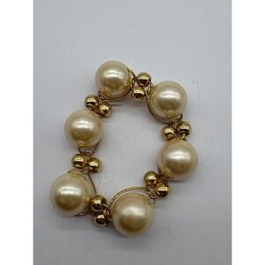 Vintage Gold Tone Large Faux Pearl Stretch Bracelet Chunky Statement Cream Bead